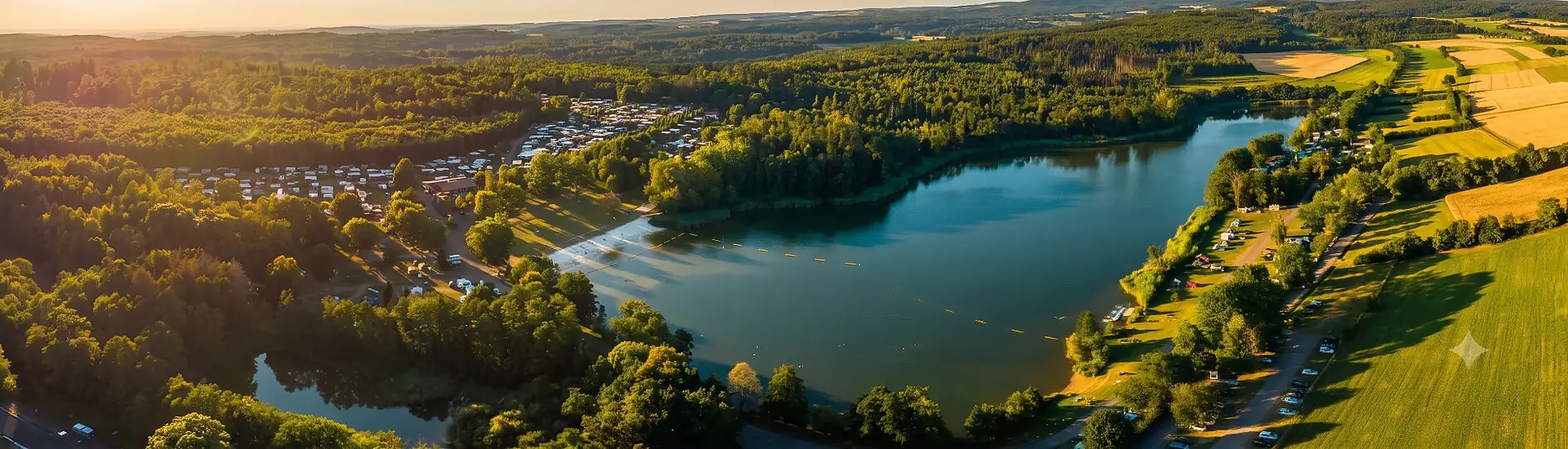 Luftaufnahme des Gederner Sees mit Rundweg, Campingpark und umliegenden Wäldern