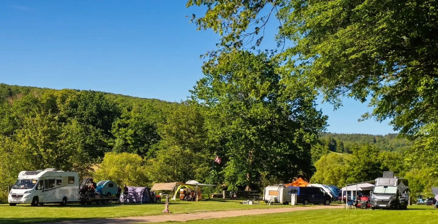 Campingbereich Seewiese mit Stellplätzen und Blick auf den Gederner See