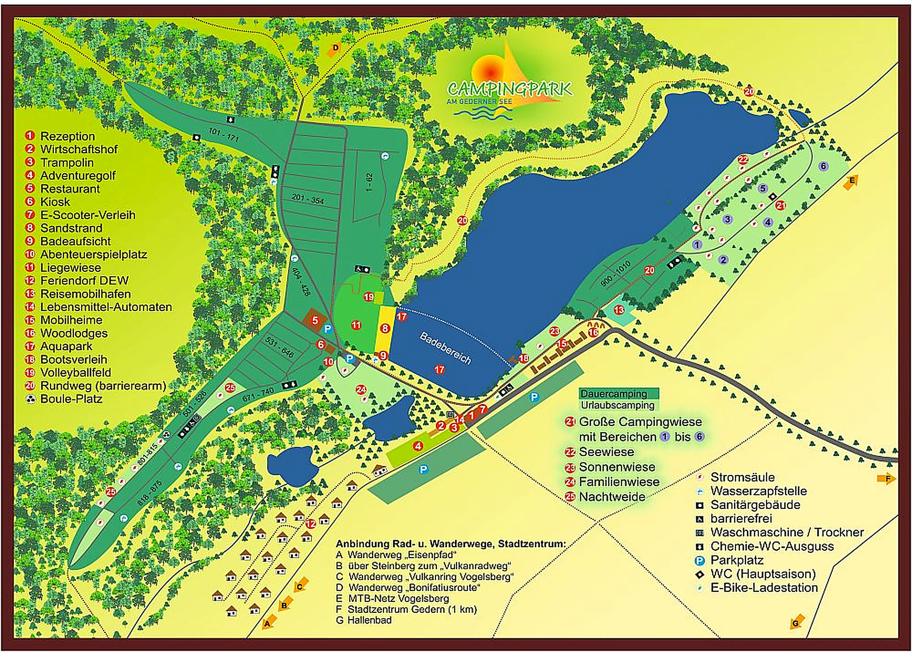 Lageplan Campingpark am Gederner See mit nummerierten Campingbereichen, Unterkünften und Freizeitangeboten